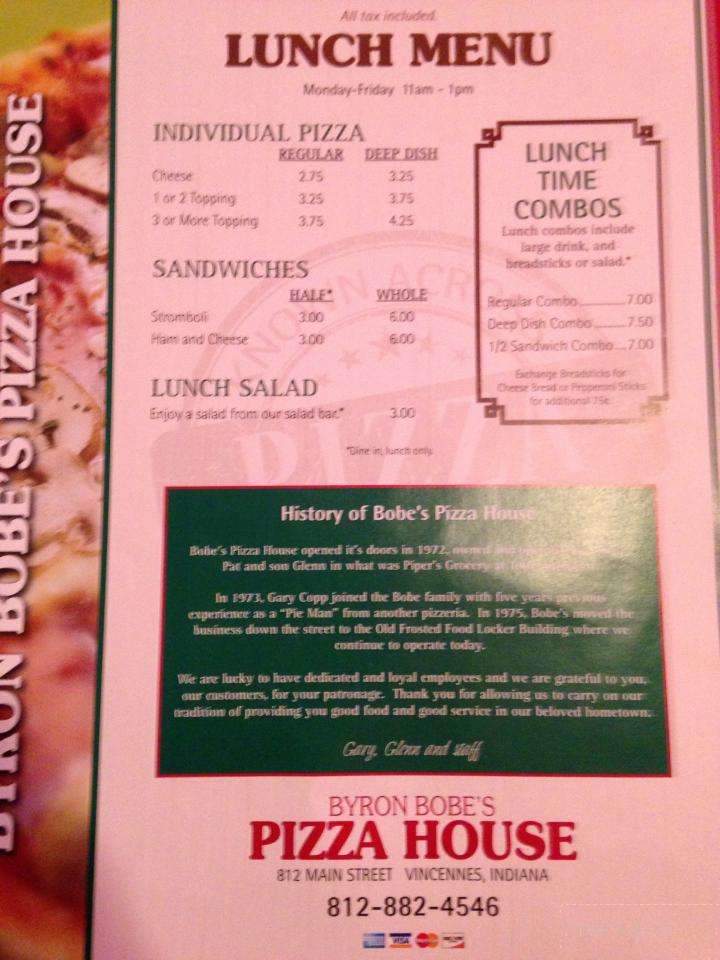 Byron Bobe's Pizza House - Vincennes, IN menu_pic