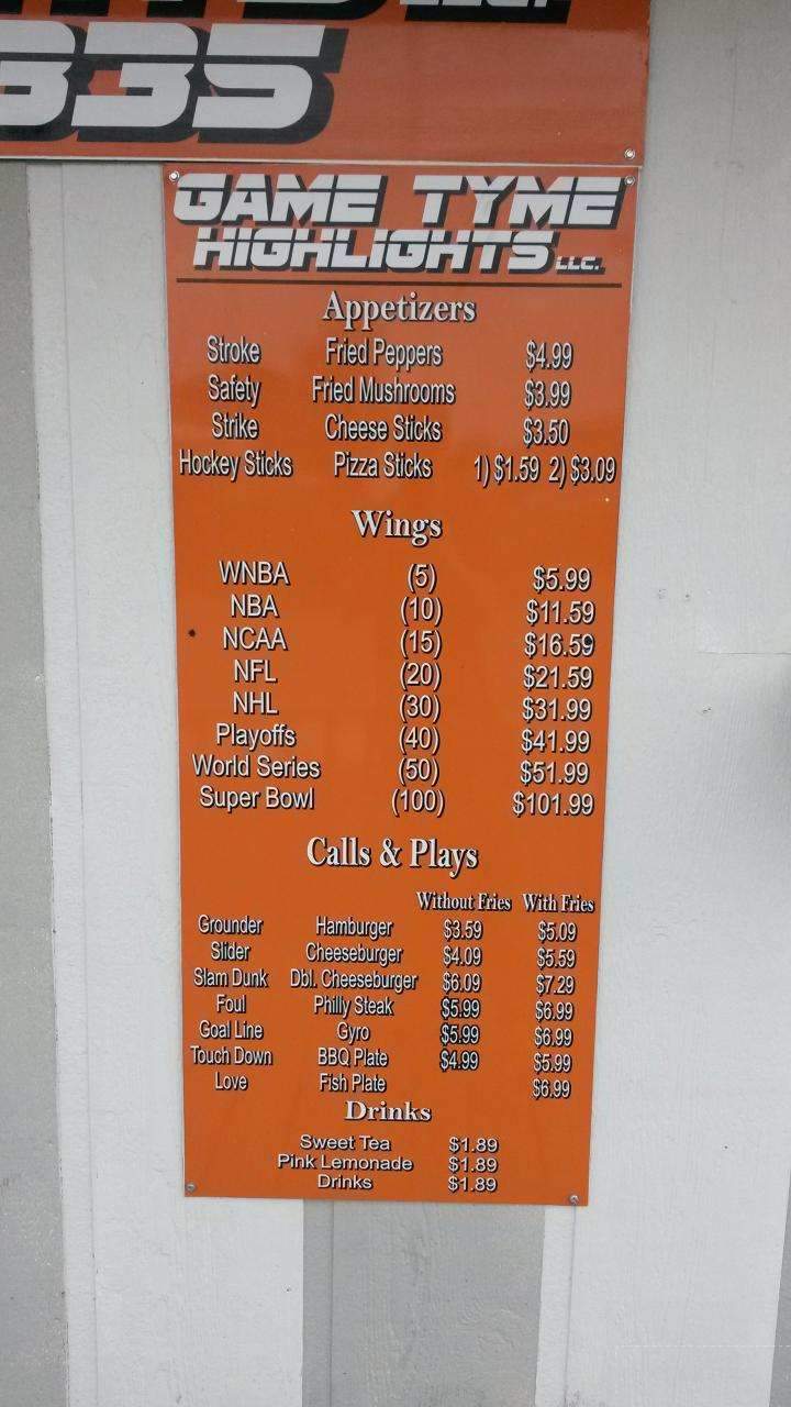 game tyme menu