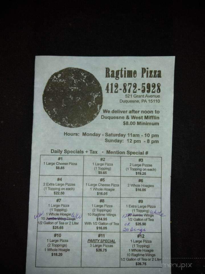Ragtime Pizza and Subs - Duquesne, PA menu_pic