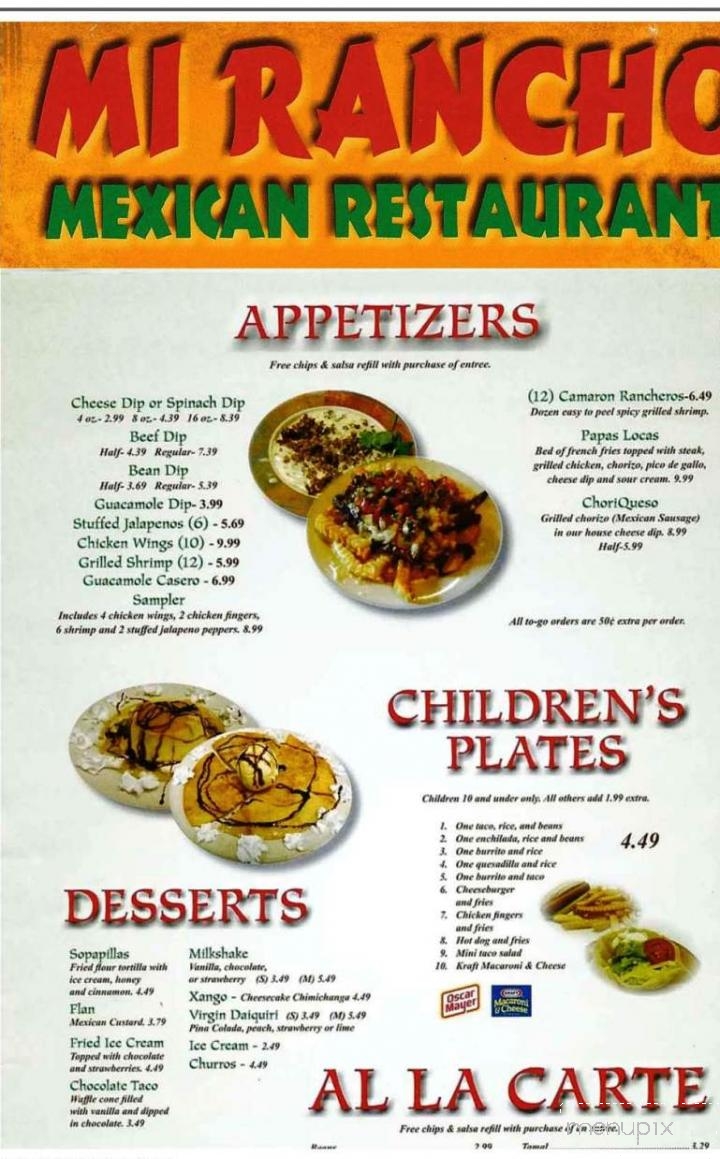 Menu of Mi Rancho Restaurante Mexicano in Clearwater, SC 29822