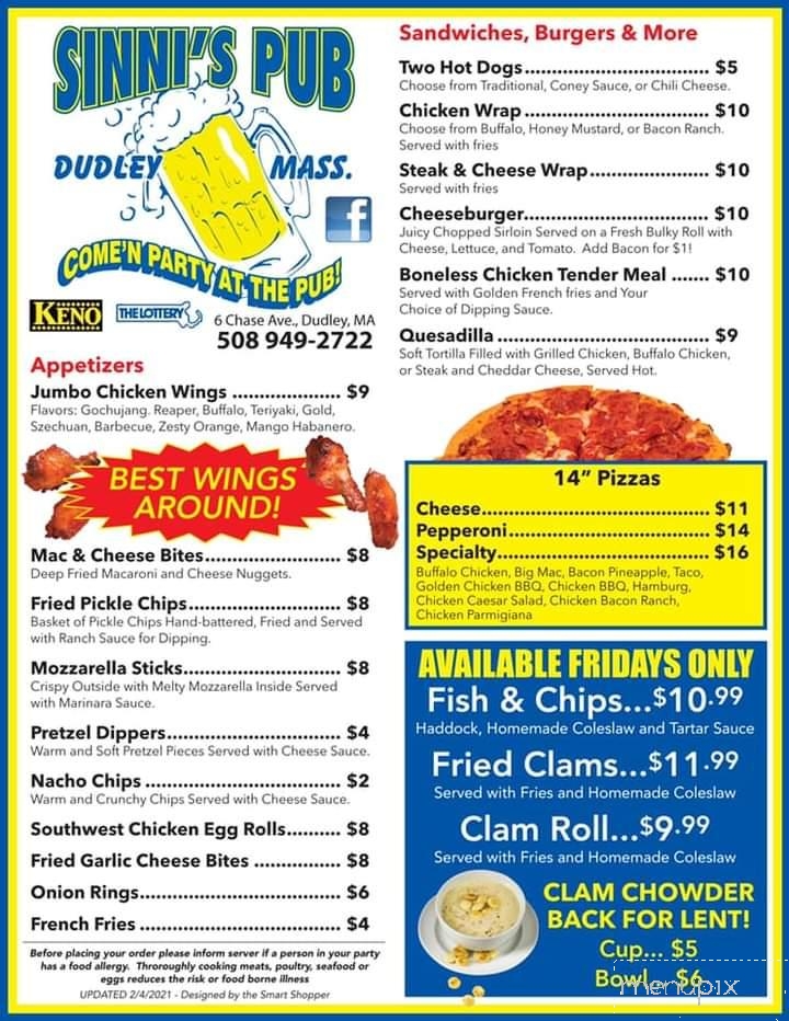 Sinni's Pub - Dudley, MA menu_pic