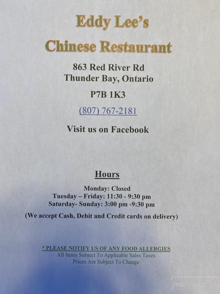 Eddy Lee's Chinese Restaurant - Thunder Bay, ON menu_pic
