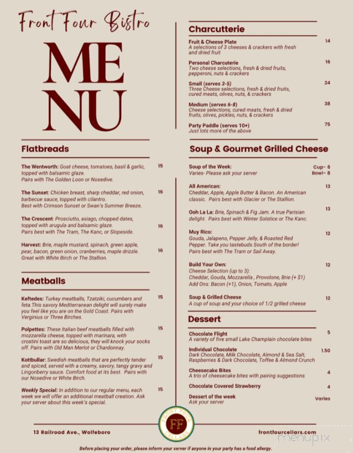 Front Four Cellars - Wolfeboro, NH menu_pic