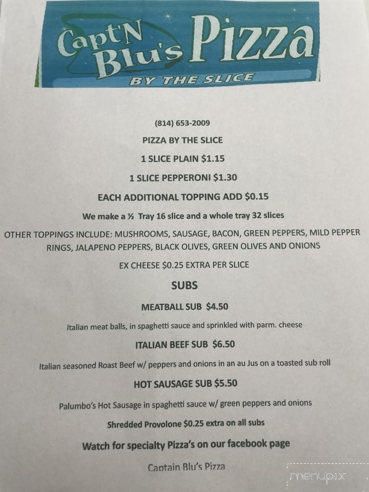 Capt'n Blu's Pizza - Reynoldsville, PA menu_pic