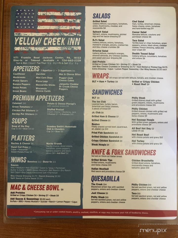 Yellow Creek Inn - Jackson Center, PA menu_pic