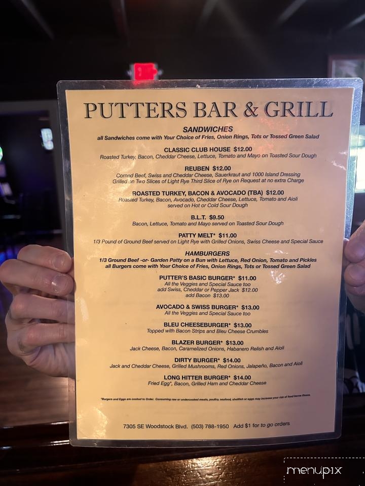 Putter's Bar & Grill - Portland, OR menu_pic