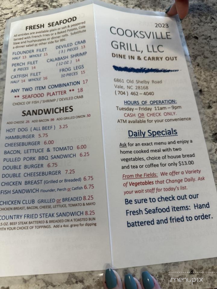 Cooksville Grill - Vale, NC menu_pic