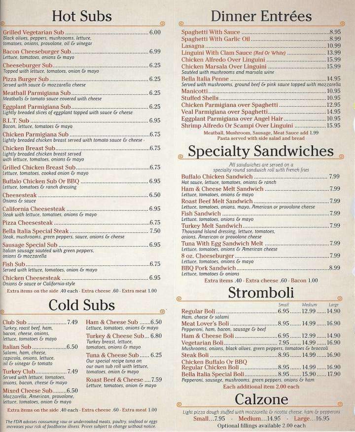 Bella Italia - Bowmansville, PA menu_pic