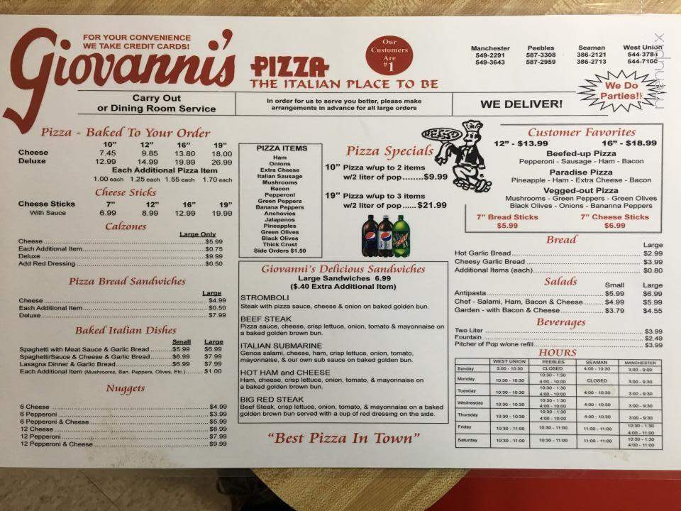 Online Menu of Giovanni's Pizza, West Union, OH
