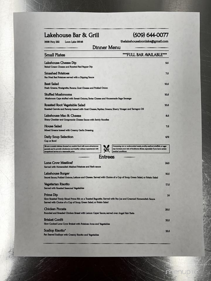 Lake House Bar & Grill - Loon Lake, WA menu_pic