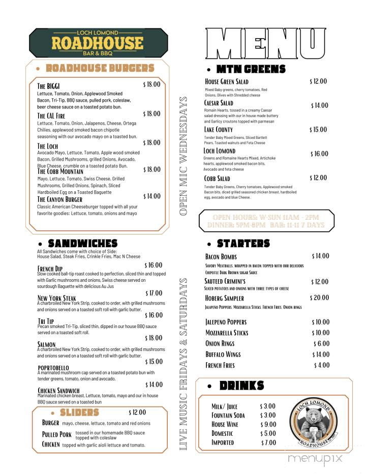 Loch Lomond RoadHouse - Loch Lomond, CA menu_pic