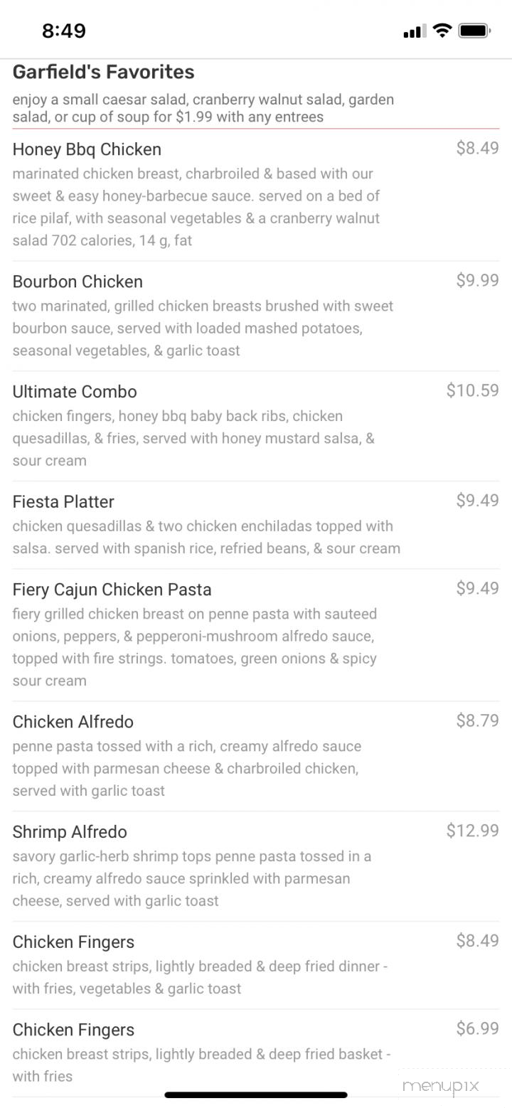 Garfields Restaurant & Pub - Reidsville, NC menu_pic