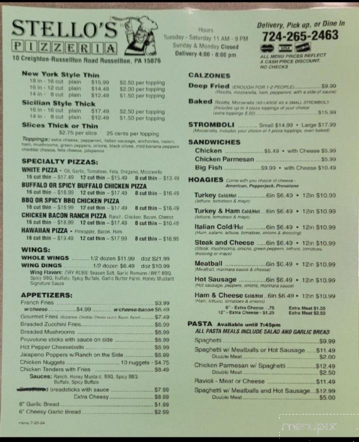 Stello's Pizzeria - Russellton, PA menu_pic