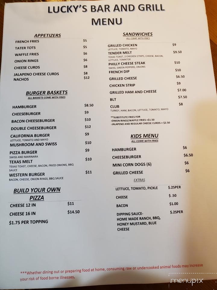 Lucky's Bar & Grill - Clear Lake, WI menu_pic