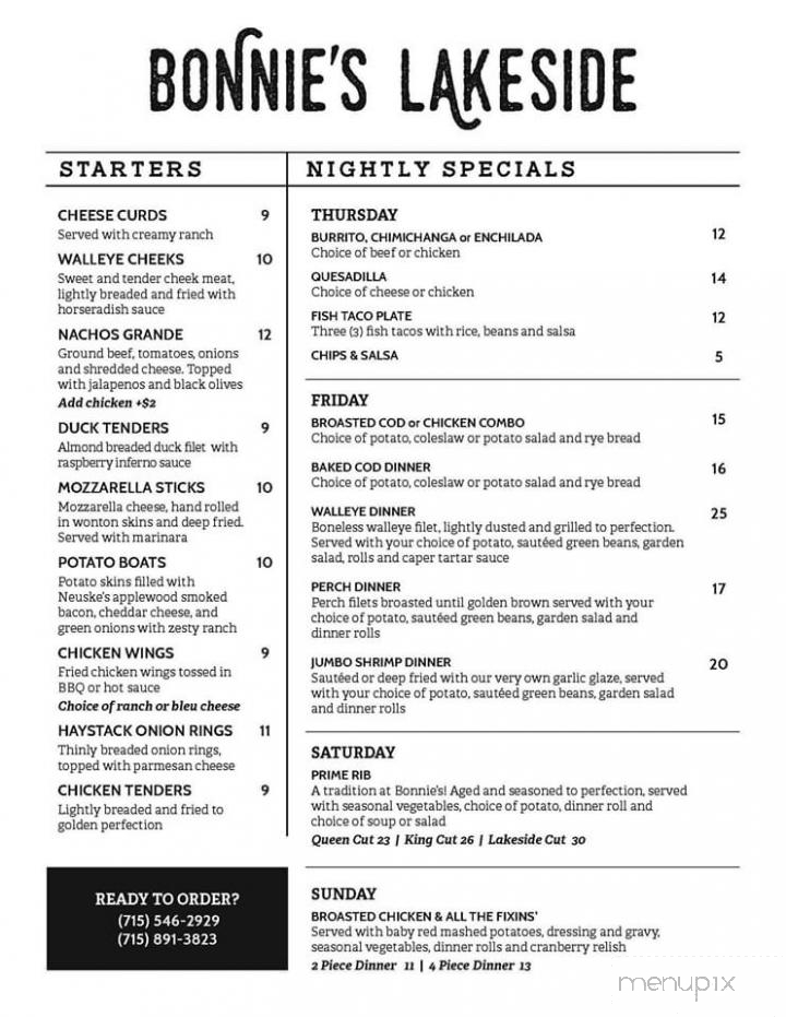 Bonnie's Lakeside - Three Lakes, WI menu_pic
