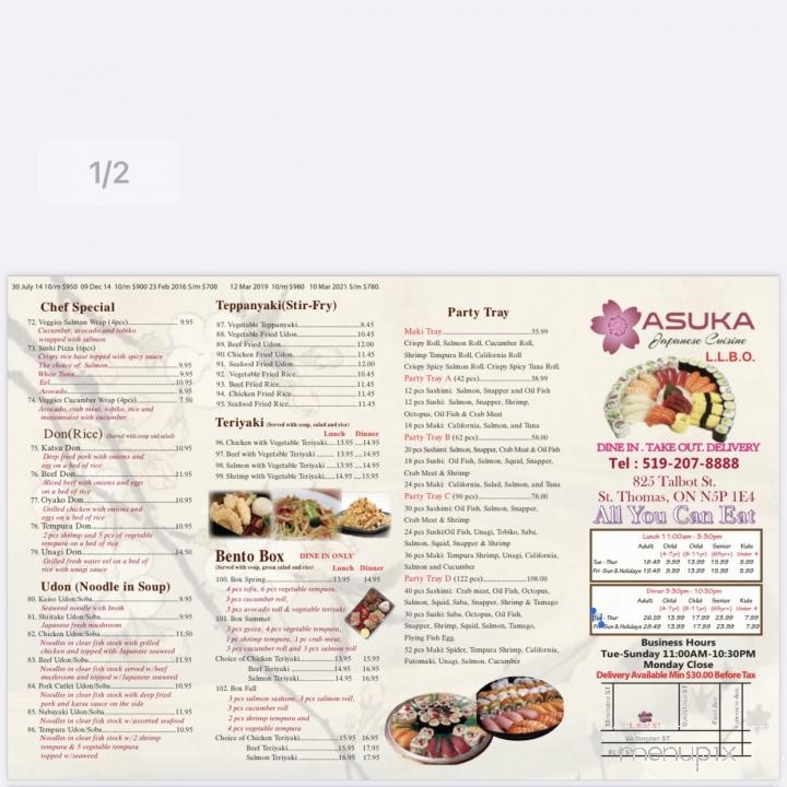 Asuka Japanese Cuisine - St. Thomas, ON menu_pic