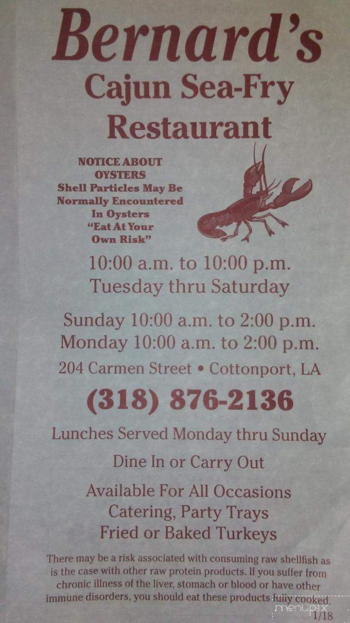 Bernard Cajun Sea-Fry Restaurant - Cottonport, LA menu_pic