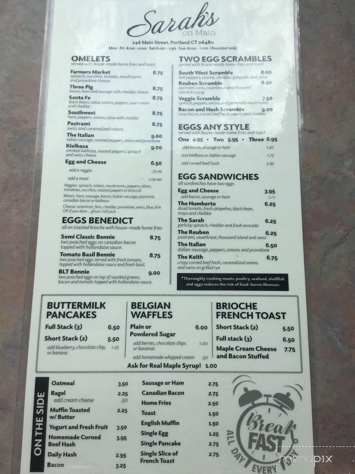 Sarah's on Main - Portland, CT menu_pic