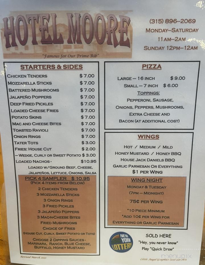 Hotel Moore - Barneveld, NY menu_pic