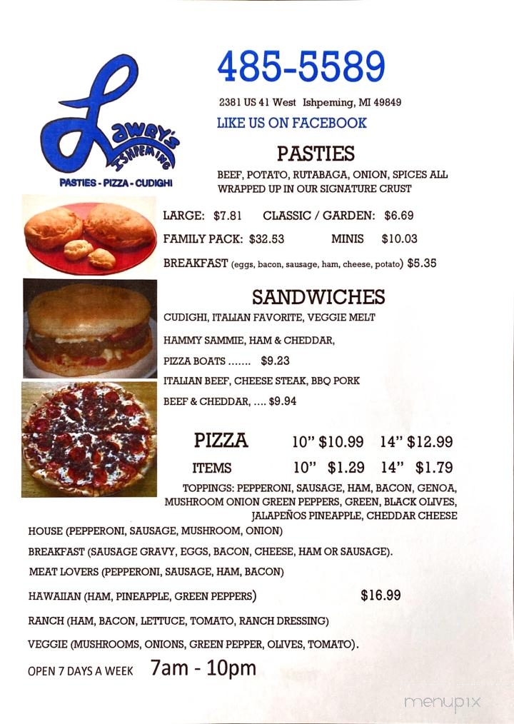 Lawry's Pasty Shop - Ishpeming, MI menu_pic