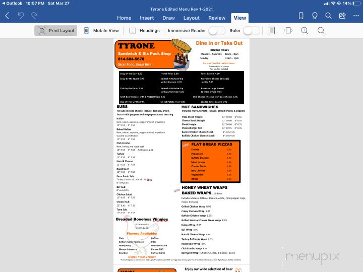Tyrone Sandwich and Six Pack Shop - Tyrone, PA menu_pic