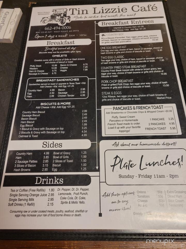 Tin Lizzie Cafe - West Point, MS menu_pic