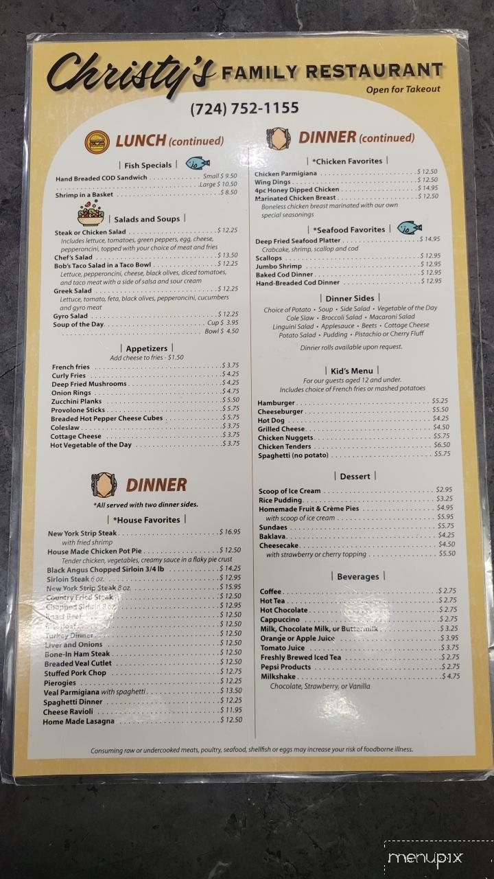 Christy's Restaurant - Ellwood City, PA menu_pic