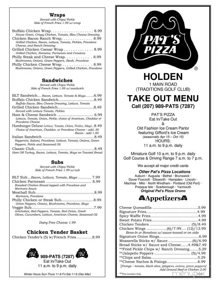 Menu of Pat's Pizza in Holden, ME 04429