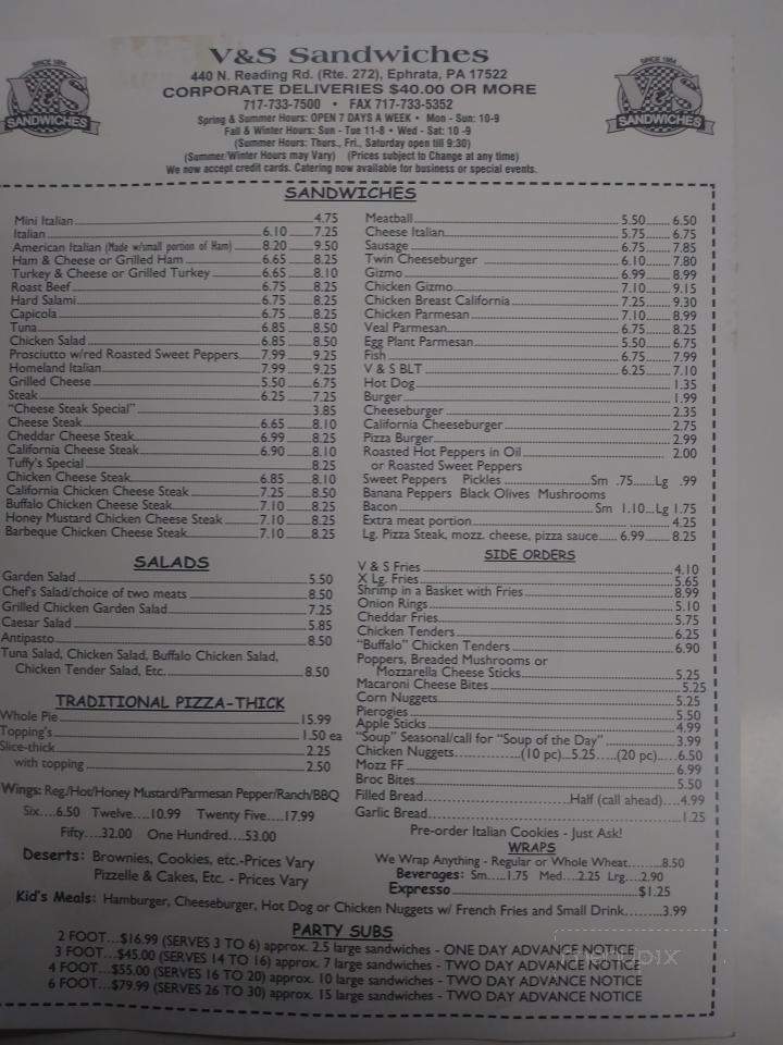 V & S Sandwiches - Ephrata, PA menu_pic