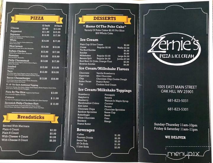 Zernie's Pizza & Ice Cream - Oak Hill, WV menu_pic