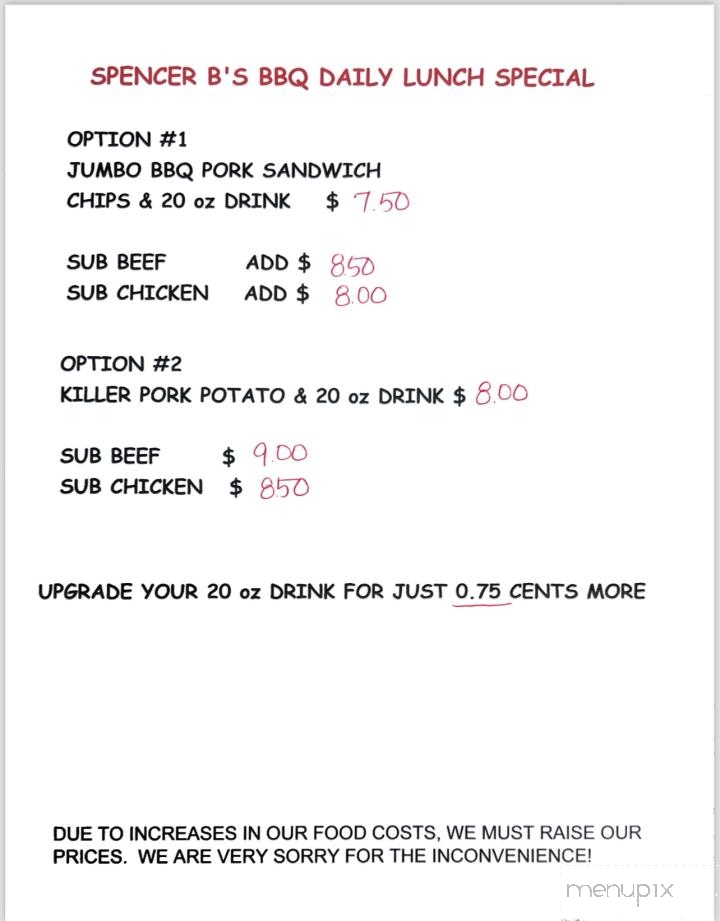 Spencer B's BBQ - Ringgold, GA menu_pic