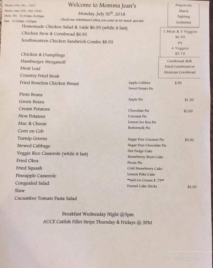 Momma Jean's Restaurant - Tuscumbia, AL menu_pic