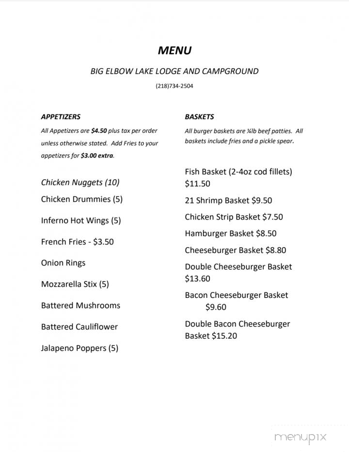 Big Elbow Lake Lodge - Waubun, MN menu_pic