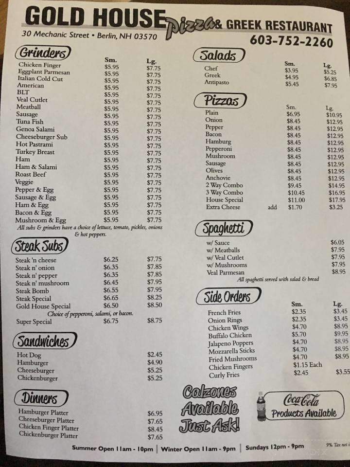 Gold House Pizza & Restaurant - Berlin, NH menu_pic
