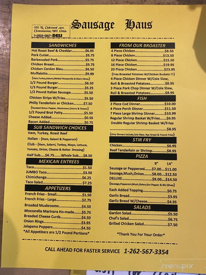 The Sausage Haus - Oconomowoc, WI menu_pic