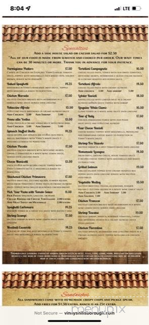 Vinny's Italian Grill & Pizzeria - Hillsborough, NC menu_pic
