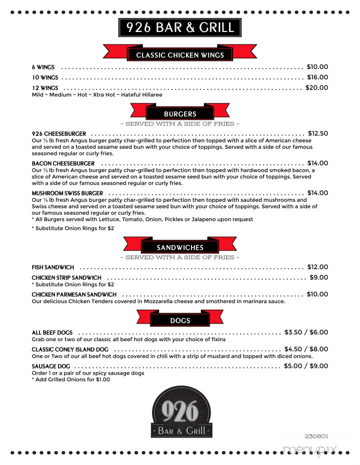 926 Bar & Grill - Tallahassee, FL menu_pic