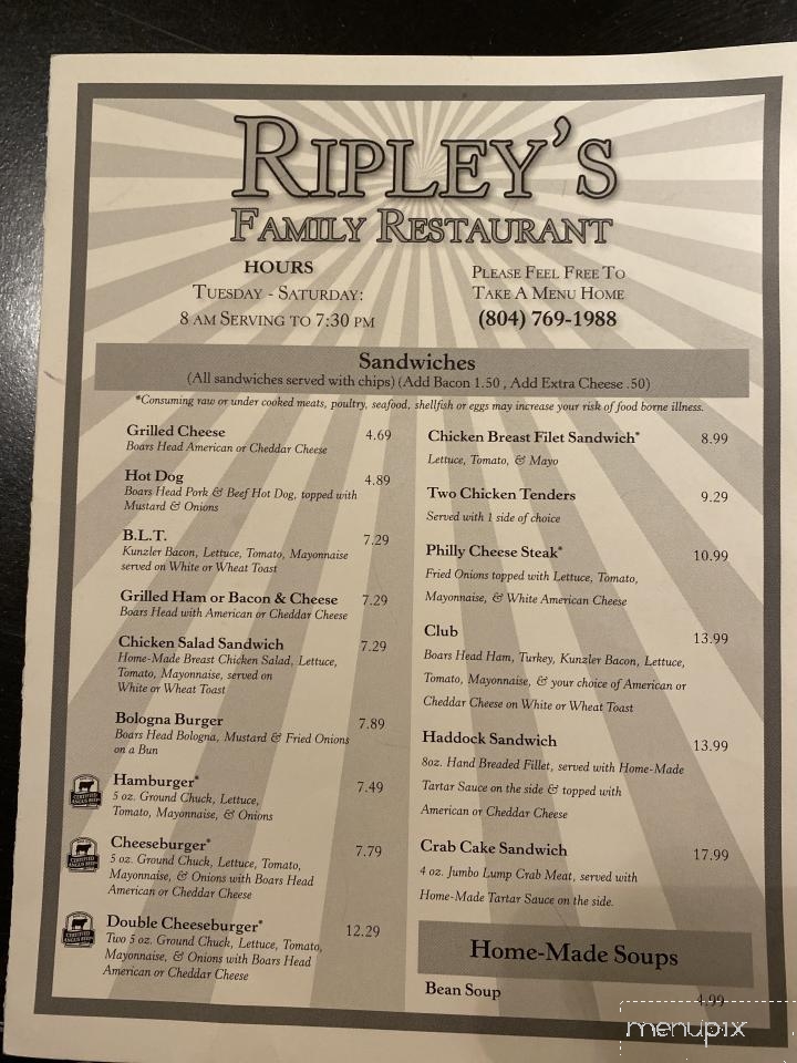 Ripley's Family Restaurant - Aylett, VA menu_pic