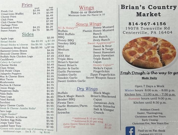 Brian's Country Market - Centerville, PA menu_pic