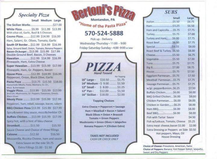 Bertoni's Pizza - Montandon, PA menu_pic