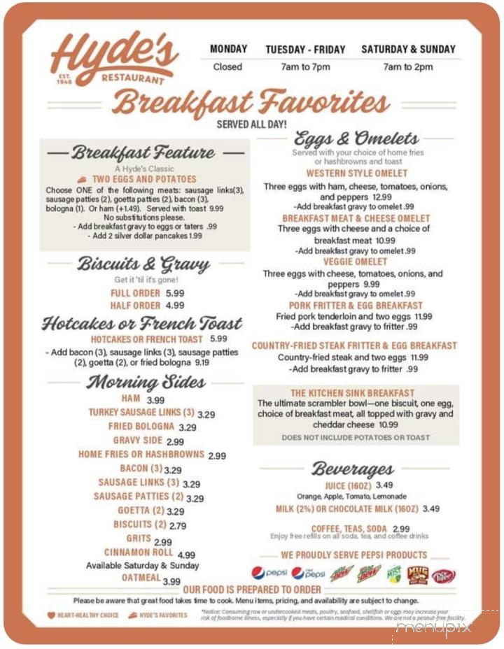 Hyde's Restaurant - Hamilton, OH menu_pic