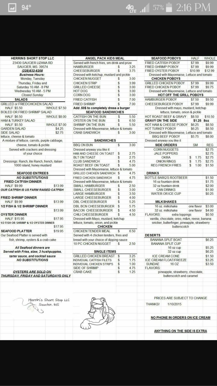 Herrin's Short Stop - Saucier, MS menu_pic