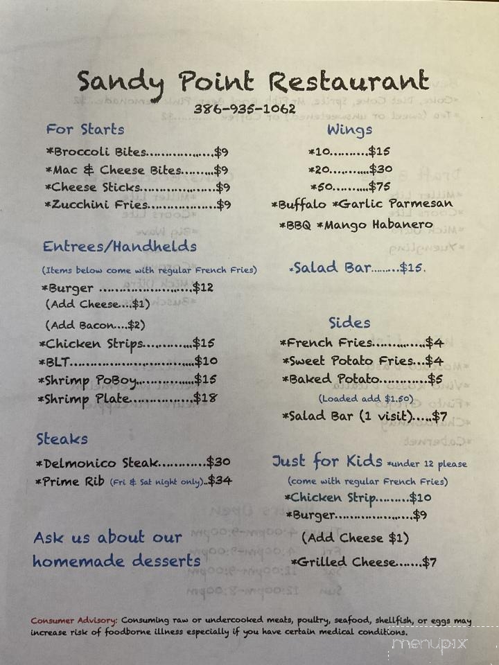 Sandy Point Restaurant - Branford, FL menu_pic