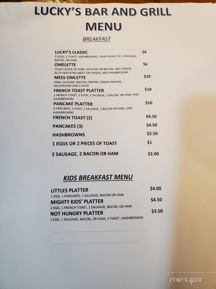 Lucky's Bar & Grill - Clear Lake, WI menu_pic
