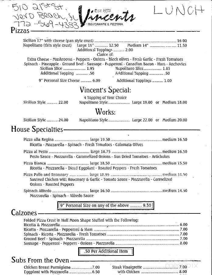 Vincent's Restaurant & Pizza - Vero Beach, FL menu_pic