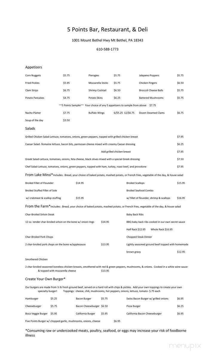 Five Points Inn - Mount Bethel, PA menu_pic