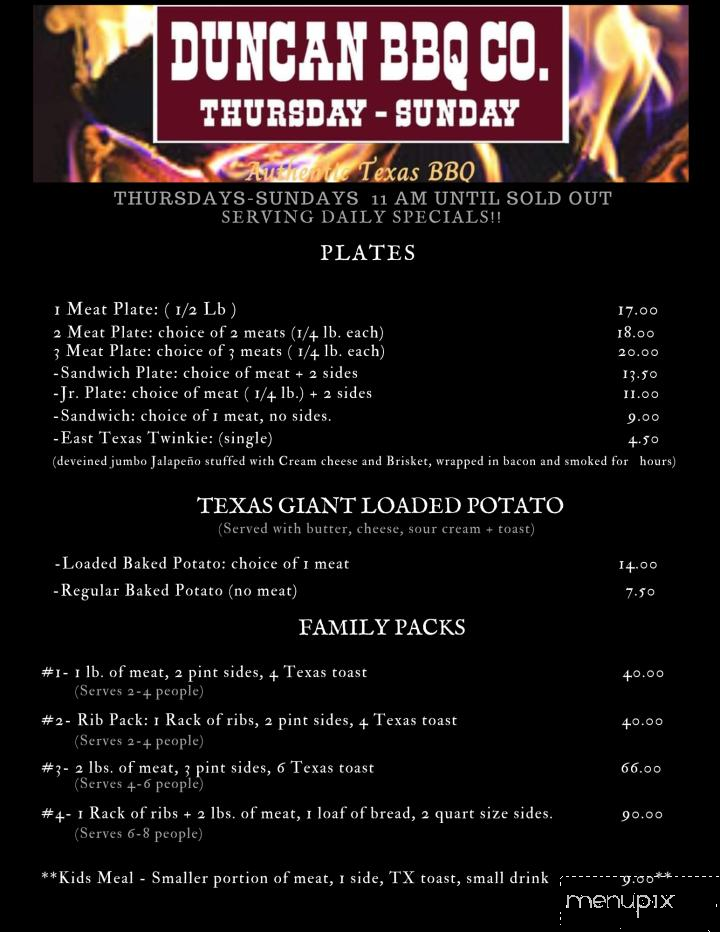 Duncan BBQ - Lone Oak, TX menu_pic