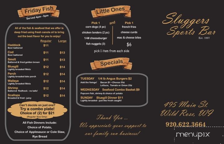 Sluggers Sports Bar - Wild Rose, WI menu_pic
