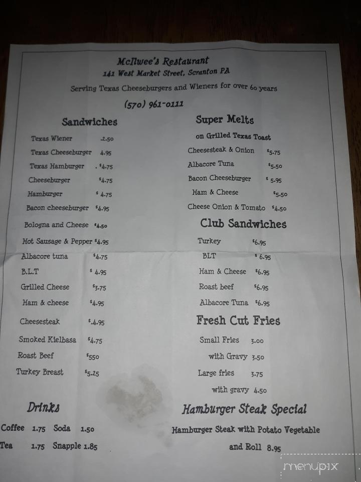 McIlwee's Restaurant - Scranton, PA menu_pic