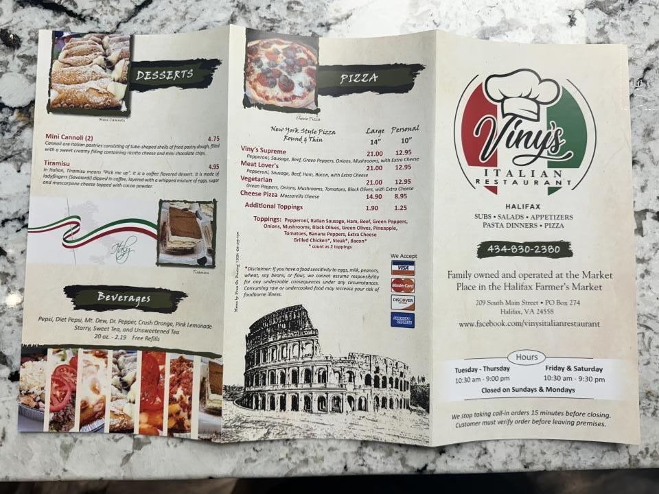 Viny's Italian Resturant - Halifax, VA menu_pic